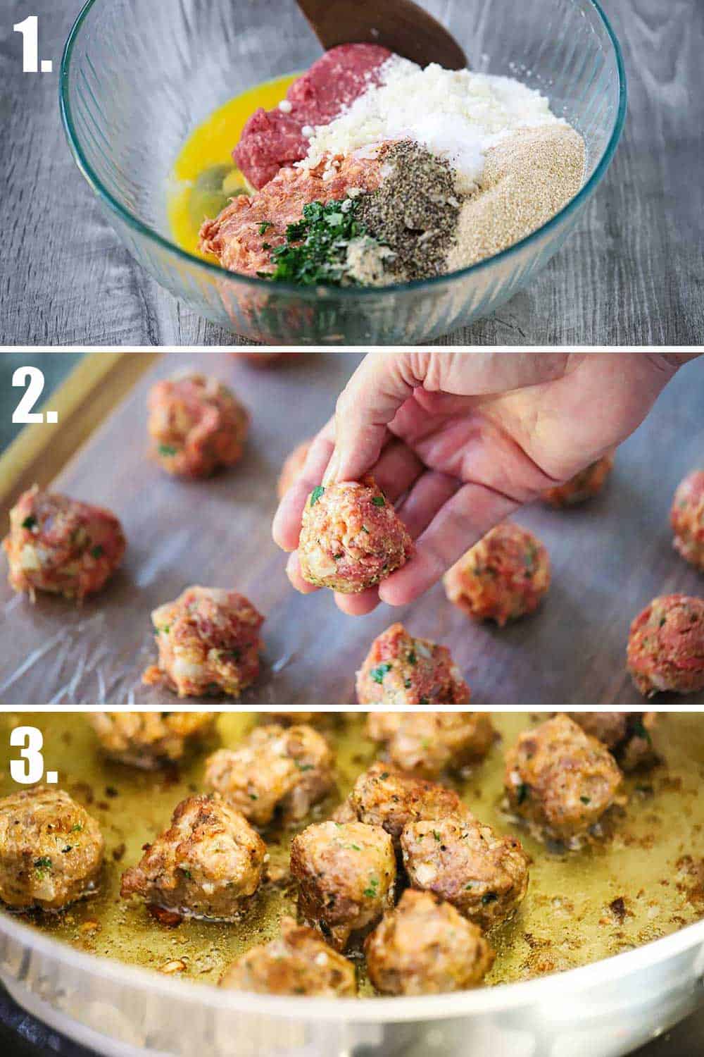 3 images with 1st a bowl filled with ground meat, eggs, and cheese, and the next a hand holding a formed meatball, and last meatballs cooking in a hot skillet.