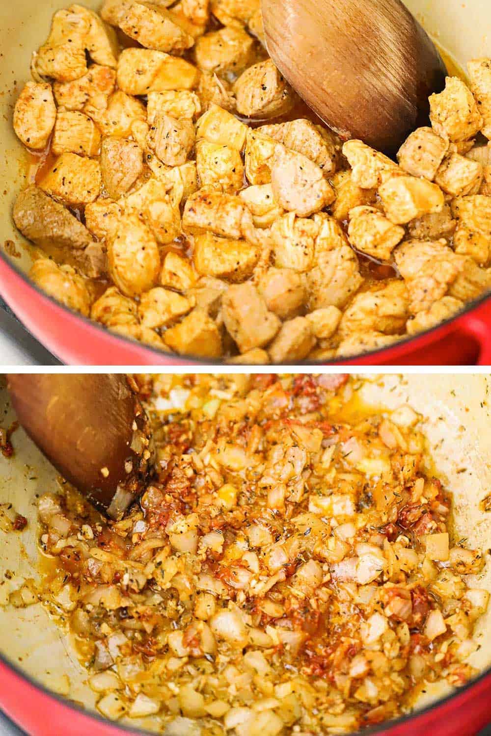 2 images, 1st is a red Dutch oven filled with sautéed chicken and pork pieces, and the next is the same pot with sautéd onions in tomato paste. 
