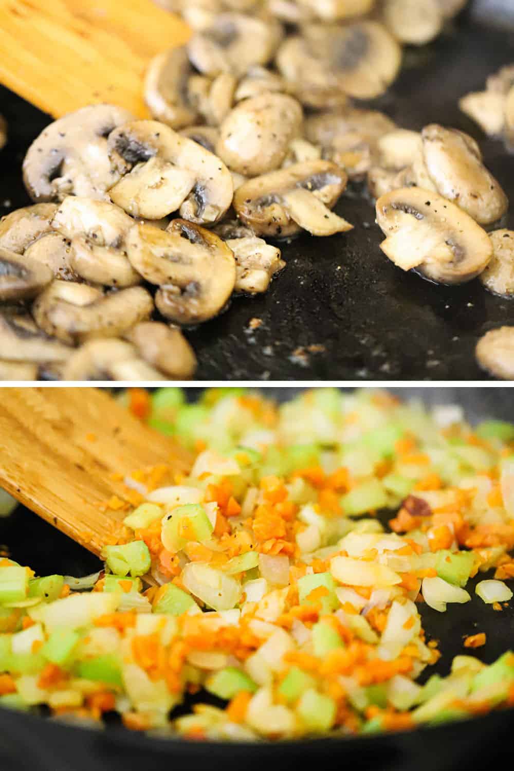 Sliced mushrooms sautéing in a skillet and mirepoix also sautéing. 