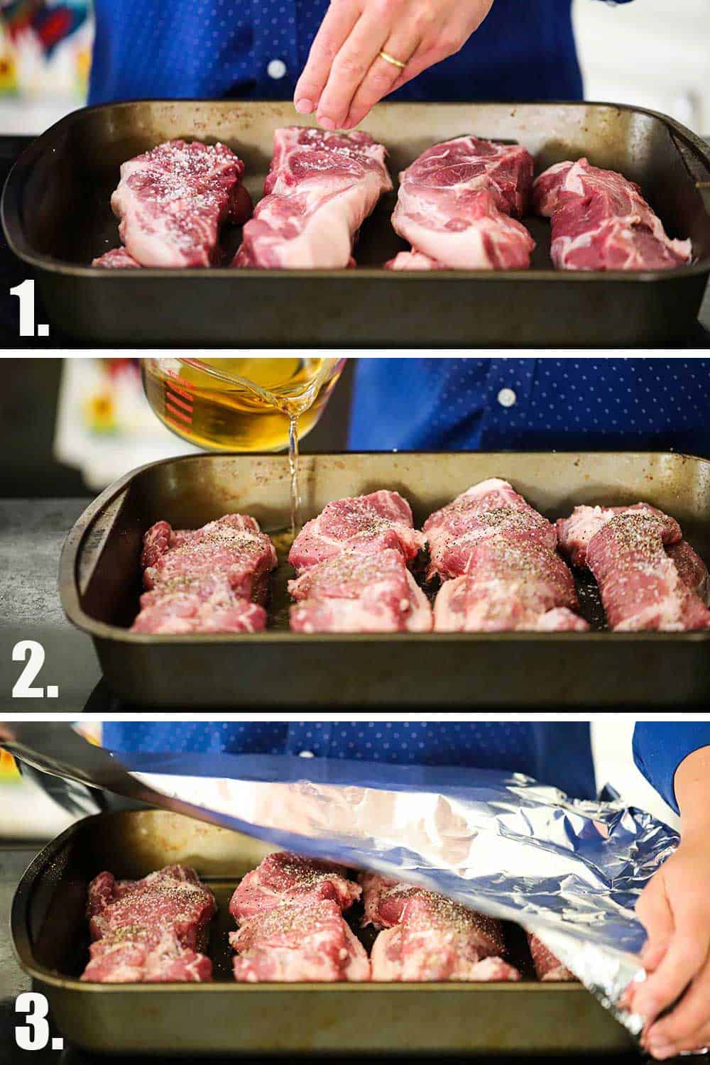 3 images, 1st a hand salting pork ribs in a pan, next liquid being poured in, and the last foil being placed over the pan. 