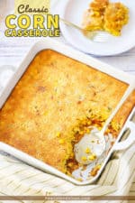 A square white baking dish filled with corn casserole next to a plate filled with the same.
