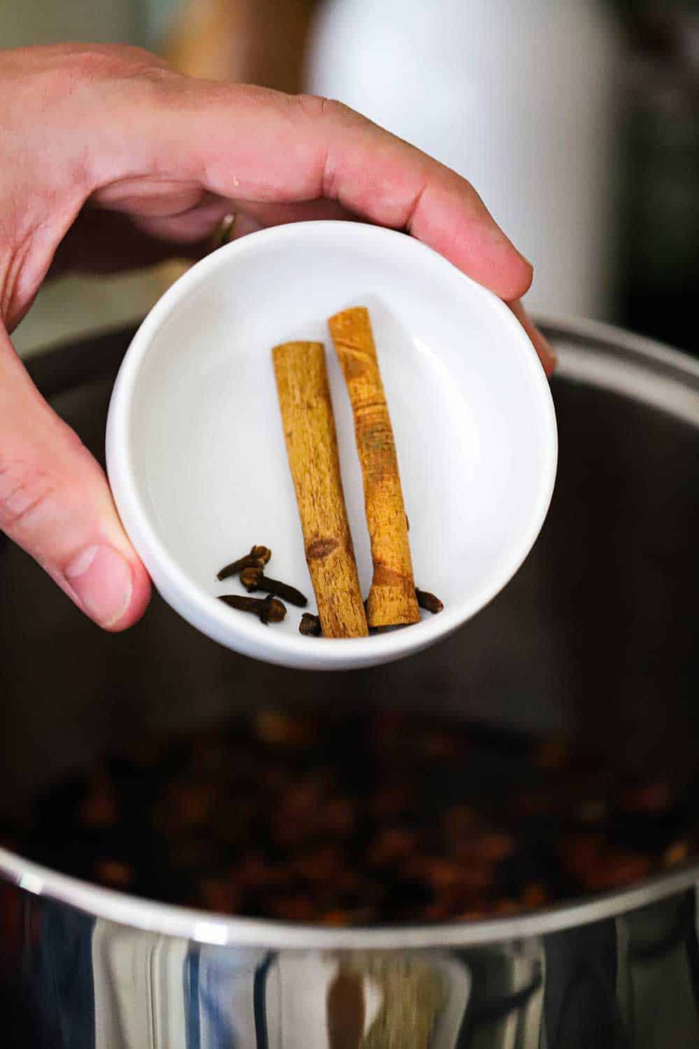 A hand holding a small white bowl filled with two cinnamon sticks and several cloves.