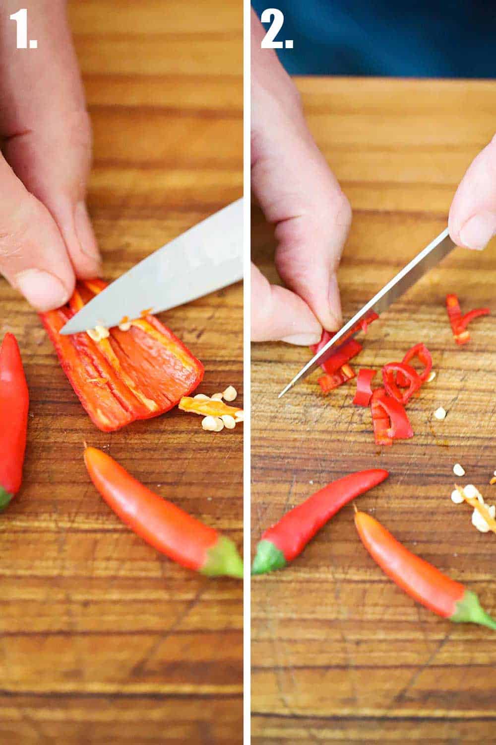 Two hands holding a knife removing seeds from a red Thai pepper.
