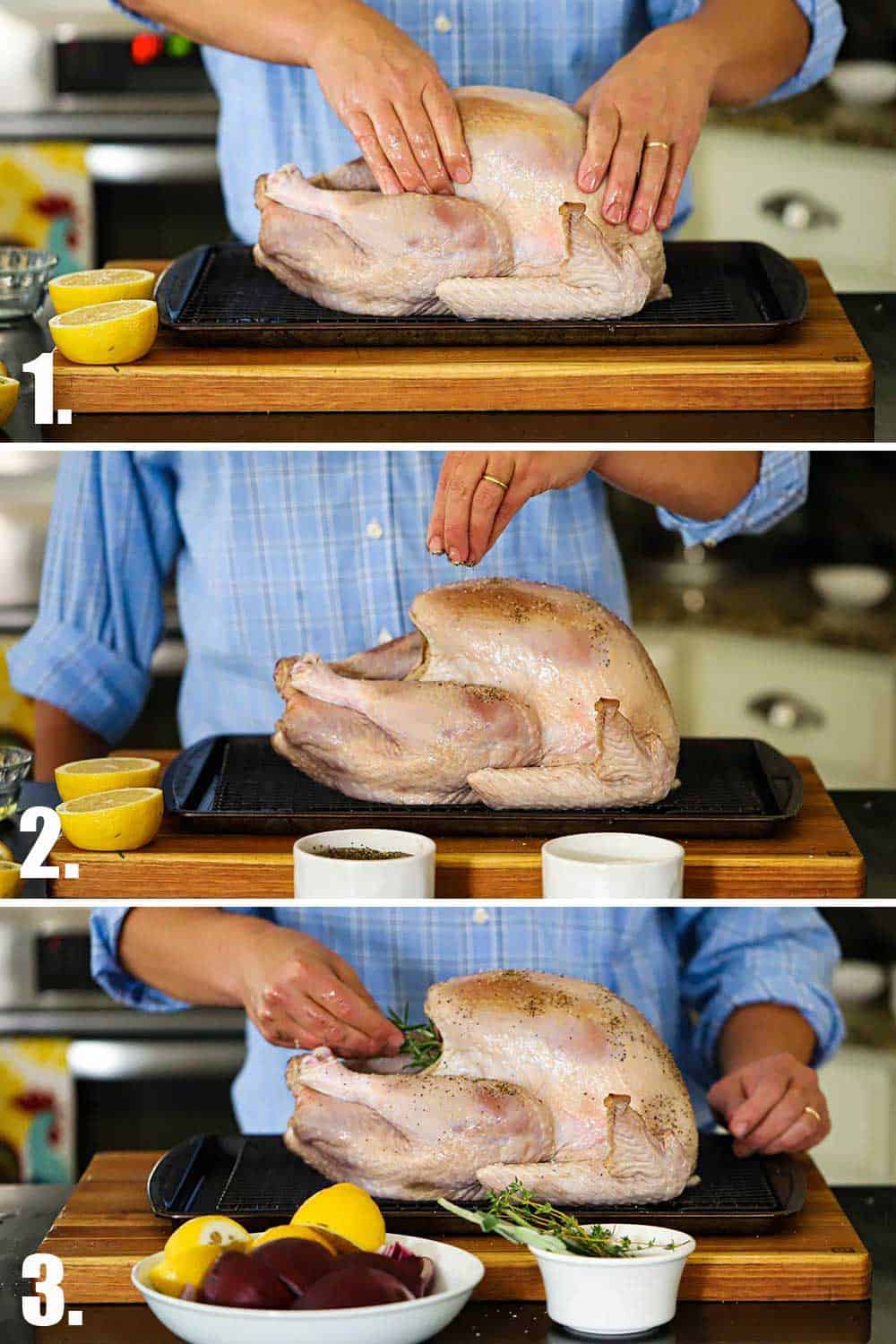A person rubbing oil over a fresh turkey and then sprinkling salt, and then placing herbs in the cavity of the bird.