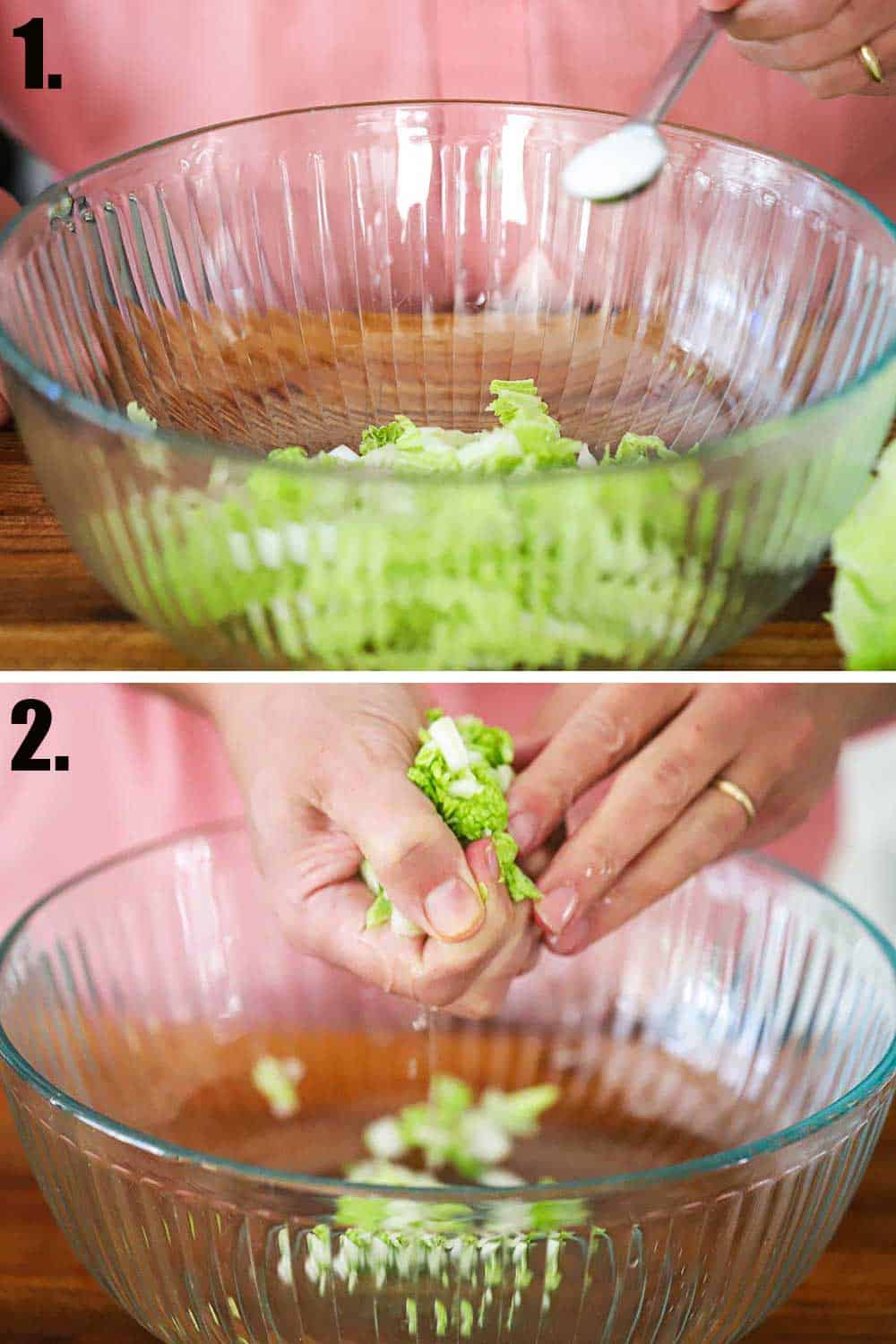 A person using salt to help remove extra water from chopped cabbage sitting in a glass bowl.