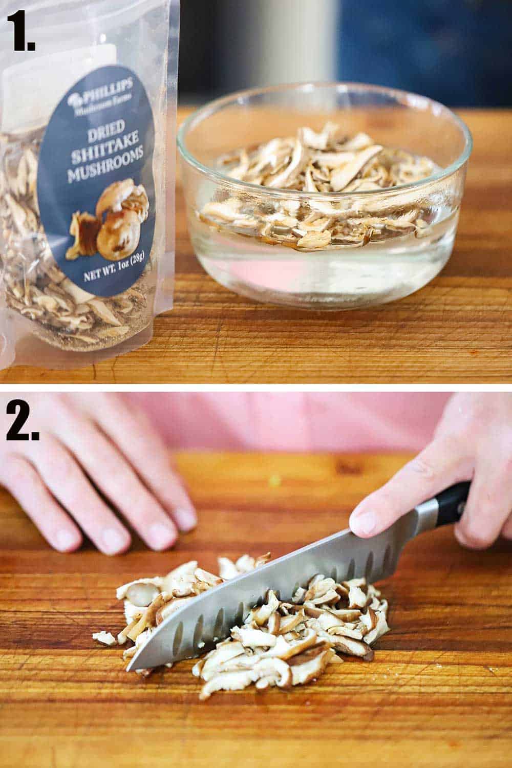 Dried shiitake mushrooms being rehydrated and then chopped on a cutting board.