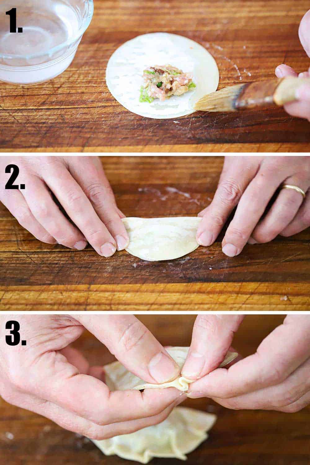 A person going through the steps of filling a wonton wrapper with filling and forming a potsticker.