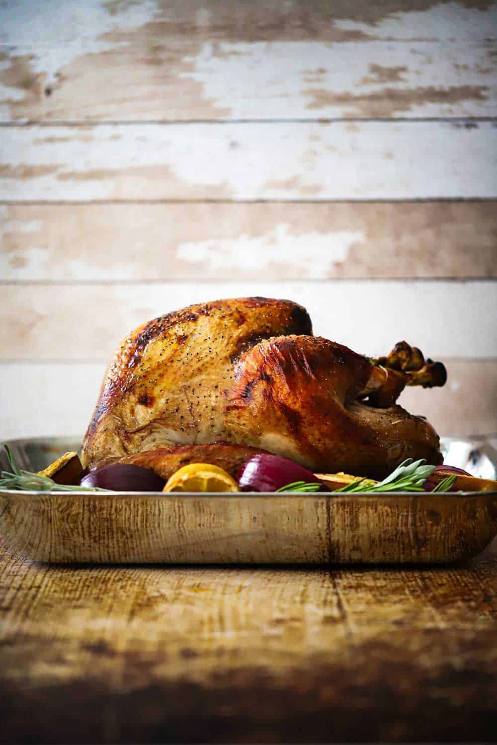 A roasted turkey sitting in a steel roasting pan surrounded by lemons, onions, and herbs.
