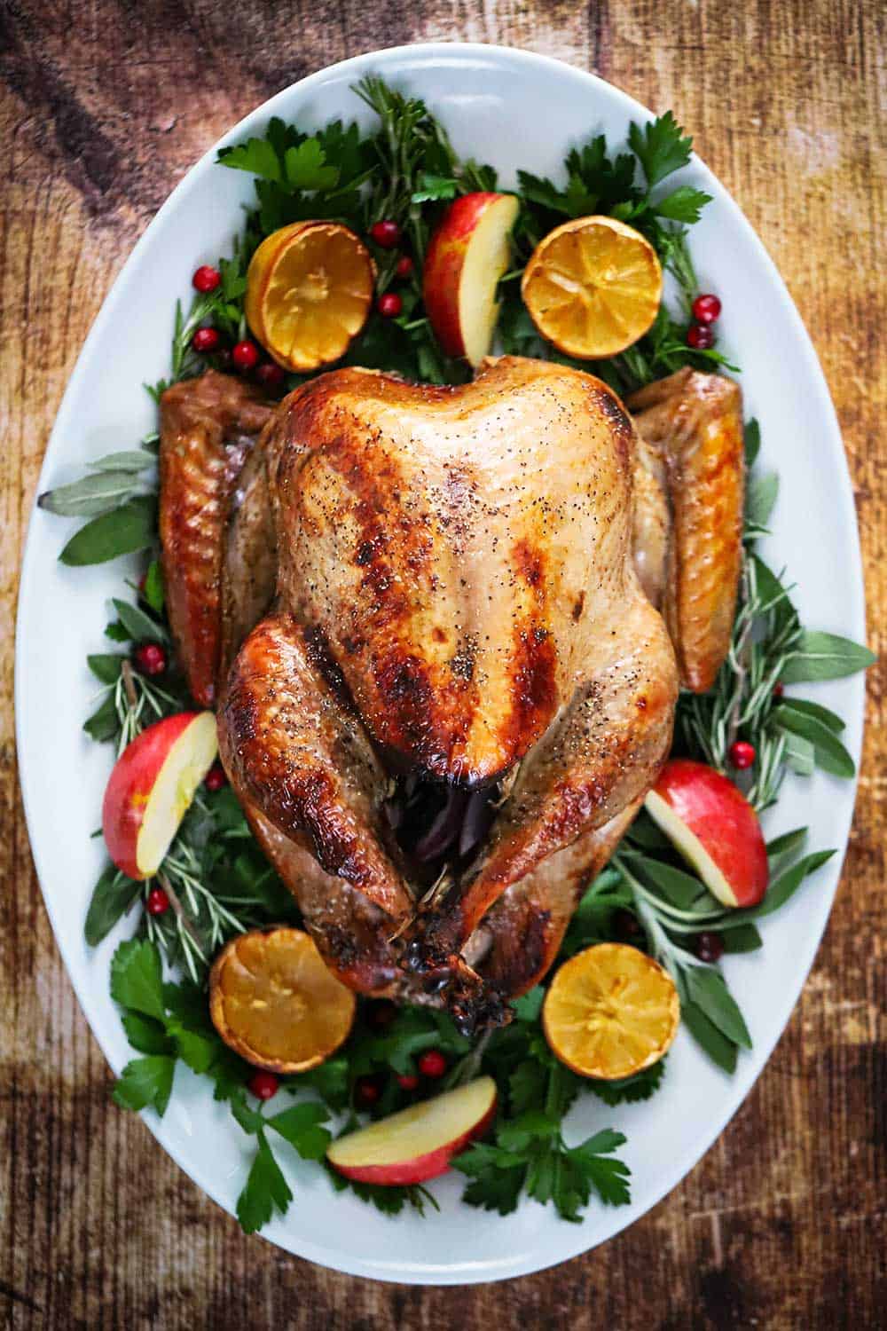 A roasted turkey sitting on a bed of greens and surround by fruit on a large white oval platter.