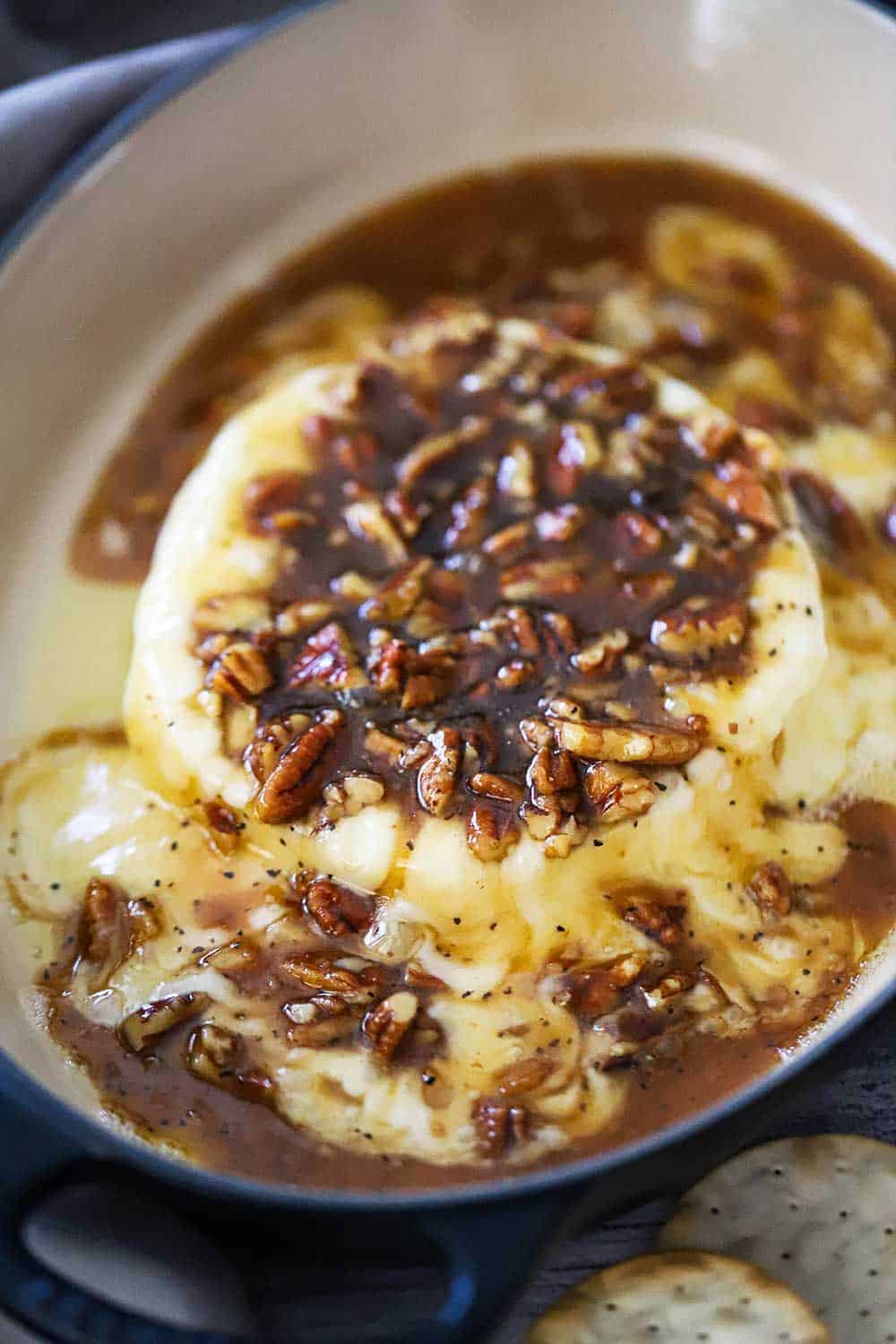 A wheel of baked brie in a baking dish smothered in pecan praline sauce. 