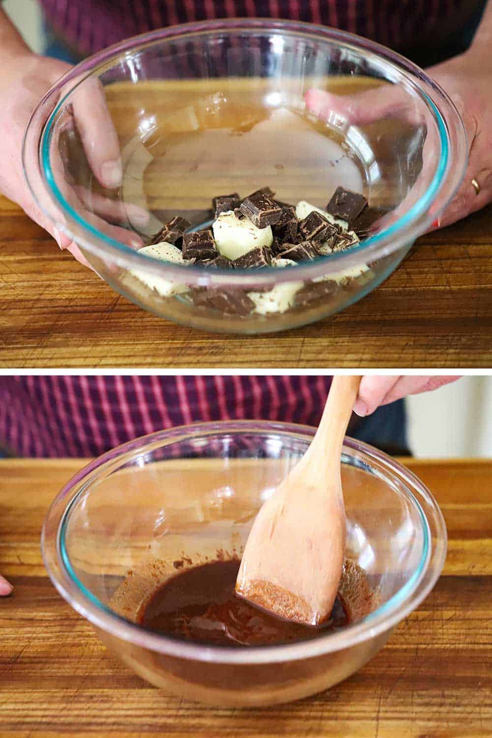 A glass bowl filled with semisweet chocolate and butter and then again after its been melted. 
