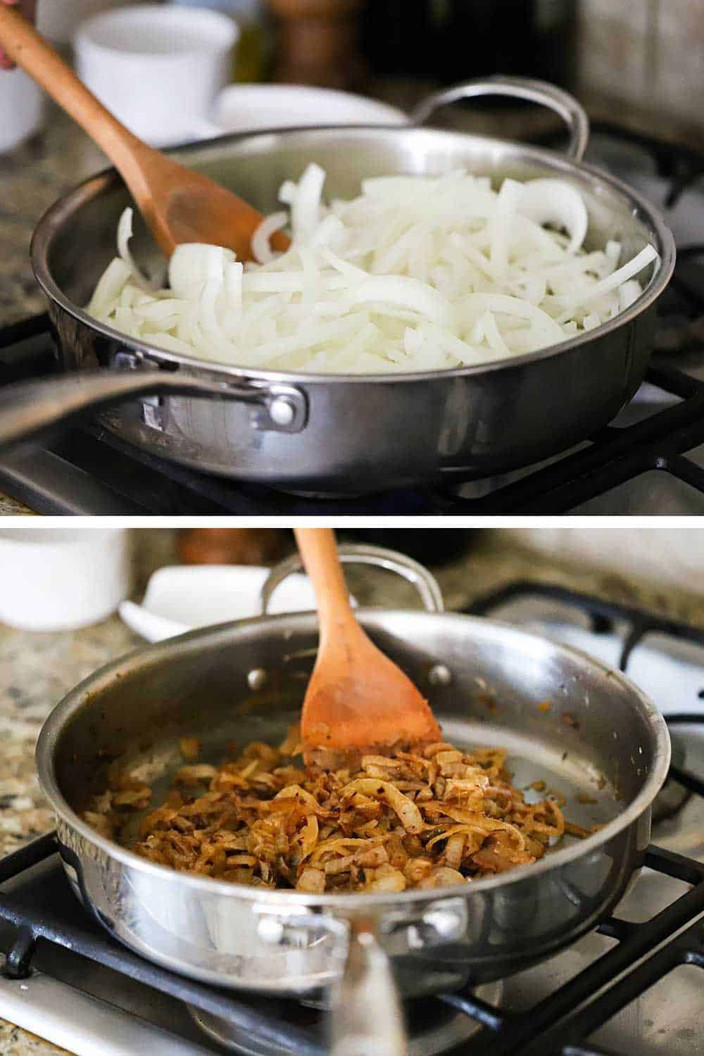 A large silver skillet filled with cut white onions and another with those onions that have been caramelized. 