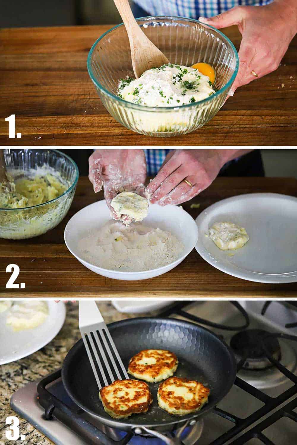 Mashed potatoes and an egg, flour, and chives in a glass bowl, and then two hand forming the mixture into patties, and then potato cakes being fried in a skillet. 