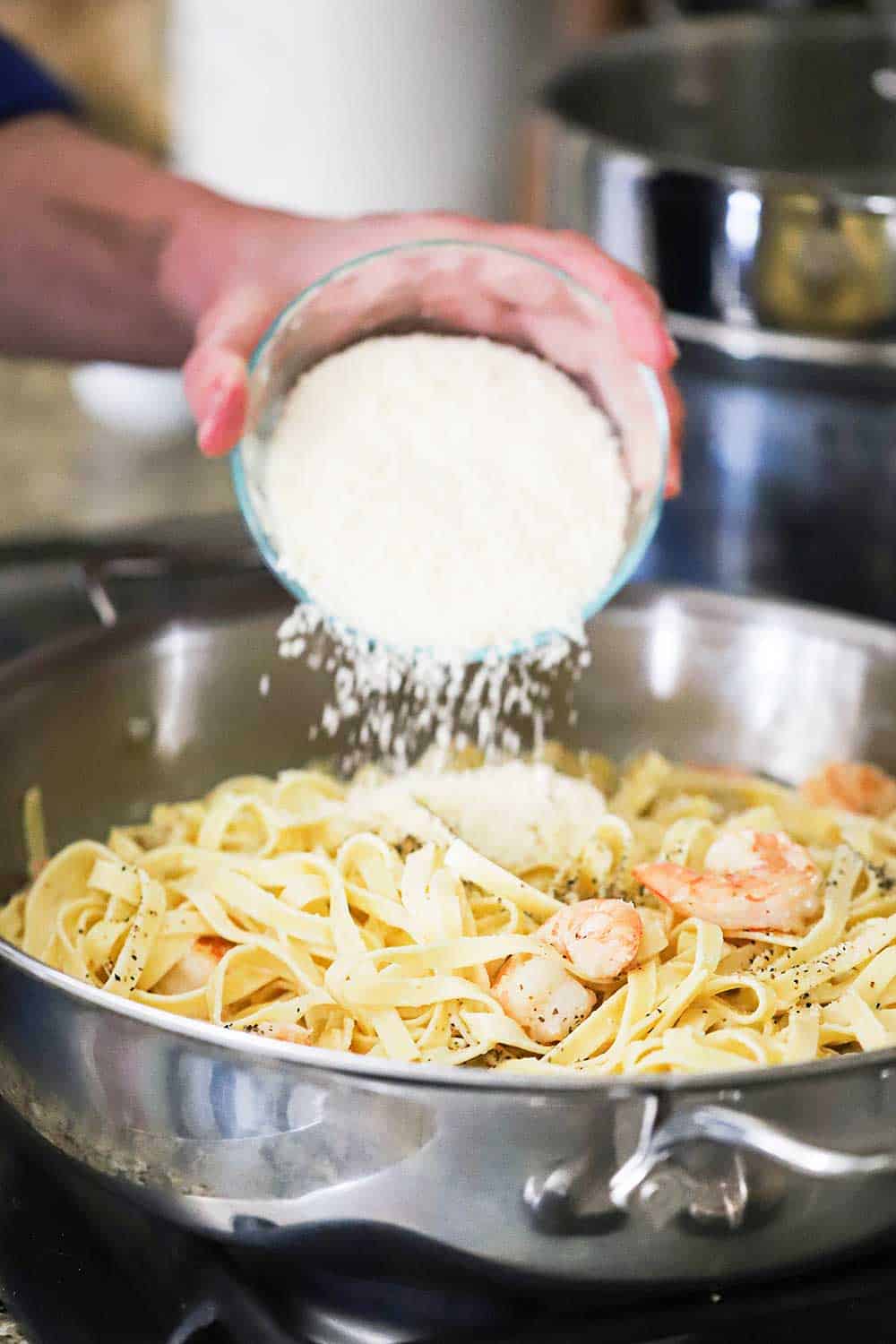 A person transferring a cup of grated Parmigiano-Regianno cheese into a skillet of cooked shrimp and fettuccine in a light cream sauce. 