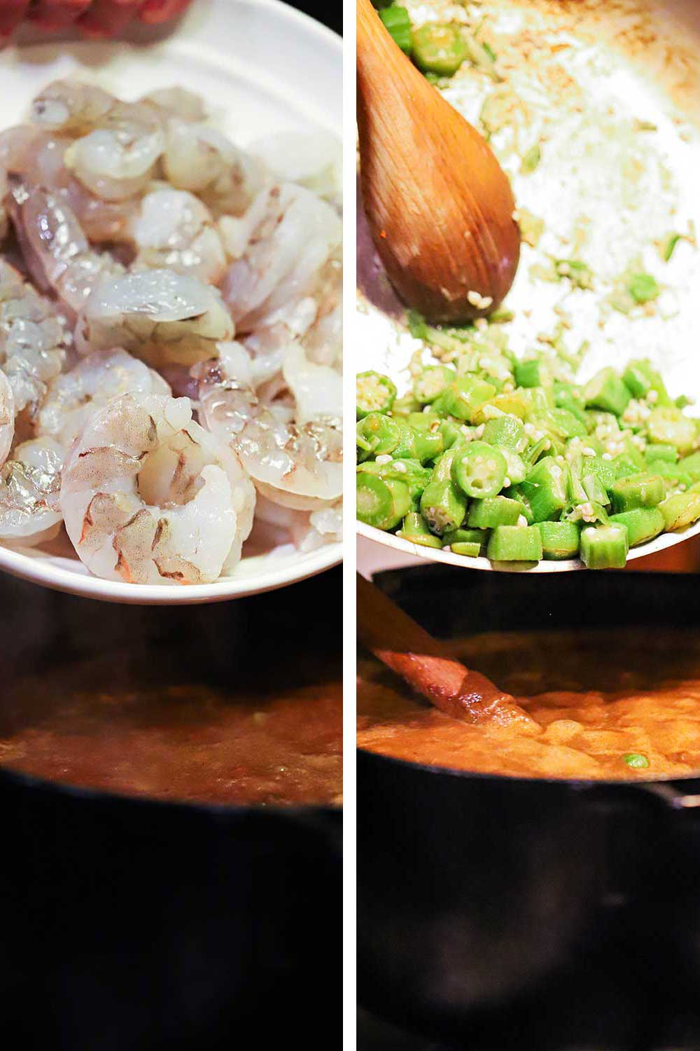 A bowl of uncooked shrimp being dumped into a pot of gumbo and then a skillet of cooked sliced okra being added to the pot. 