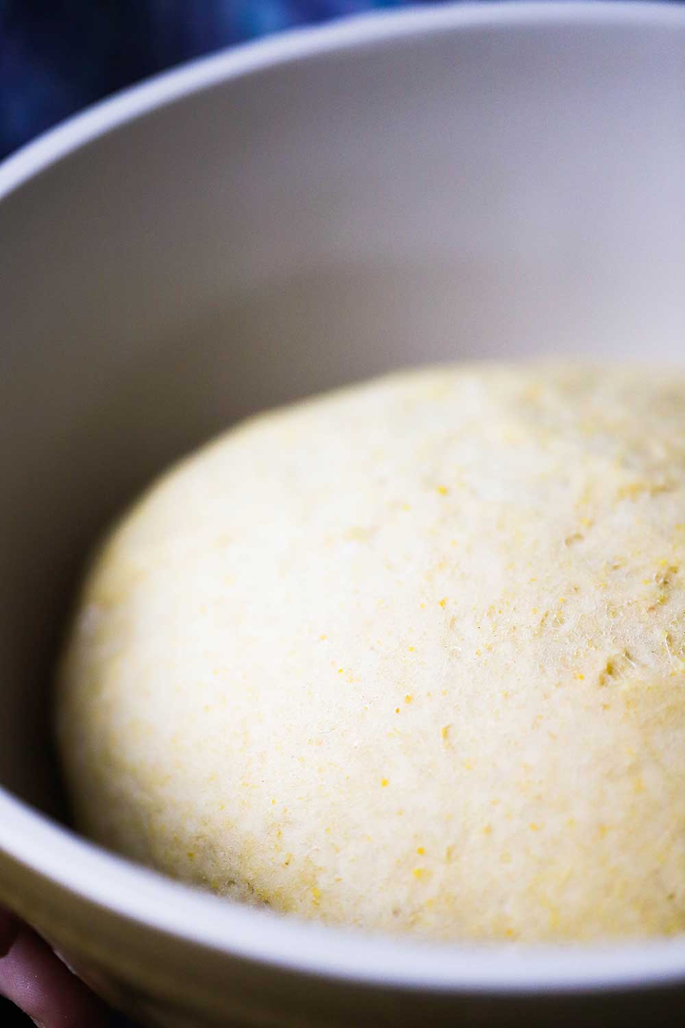 A large ceramic bowl containing a ball of risen pizza dough. 