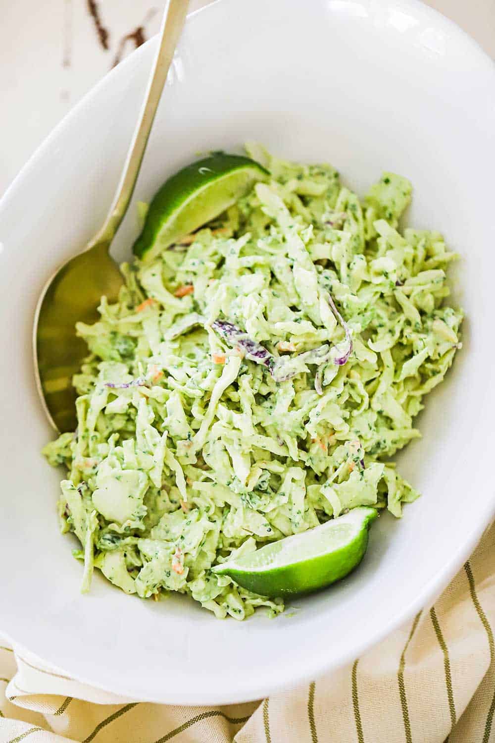 https://howtofeedaloon.com/wp-content/uploads/2021/03/slaw-in-a-white-bowl-with-limes-and-gold-serving-spoon.jpg