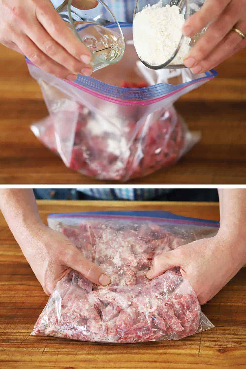 A person using both hands to transfer a bowl of corn starch and another bowl of water to meat in a baggie and then those hands massaging the meat. 
