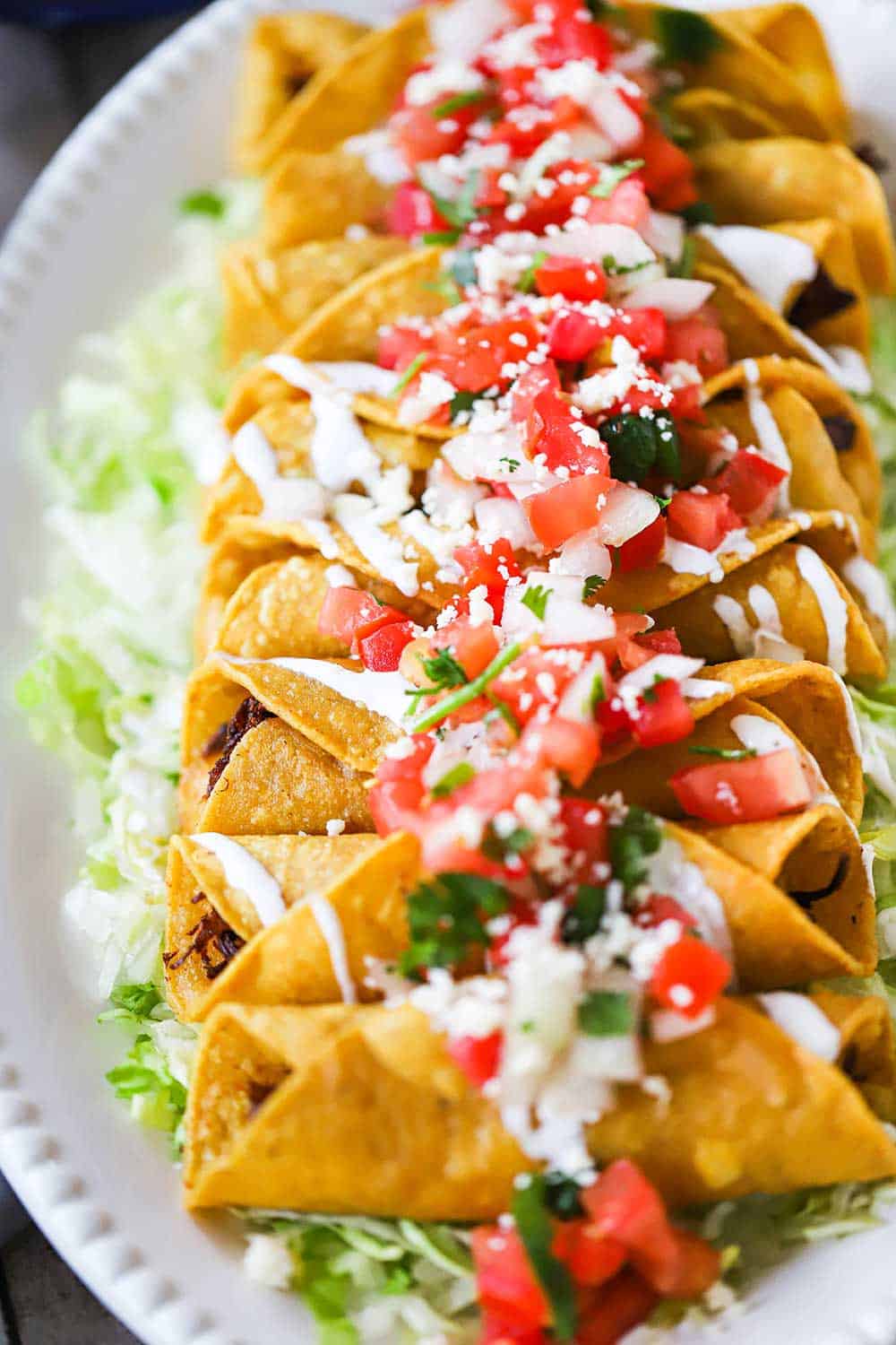 A row of cooked flautas on a bed of shredded lettuce all on a white oval platter. 