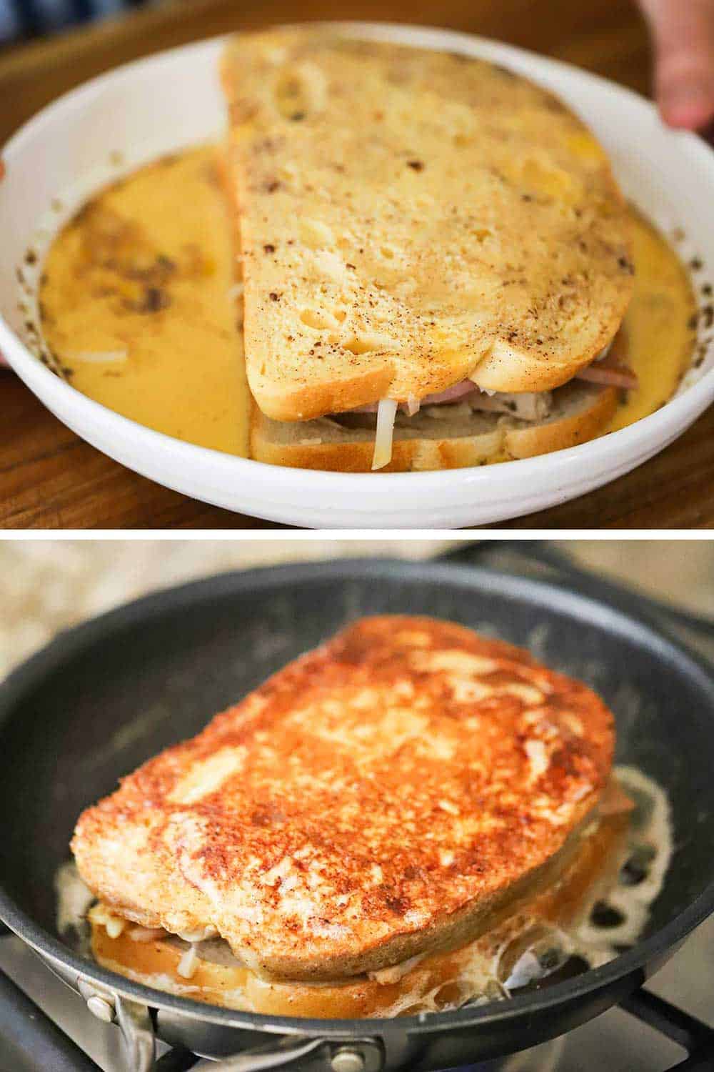 A sandwich filled with ham, turkey, and Gruyere cheese sitting in a bowl of beaten eggs and then that sandwich cooked in a skillet with the bread brown and crisp. 