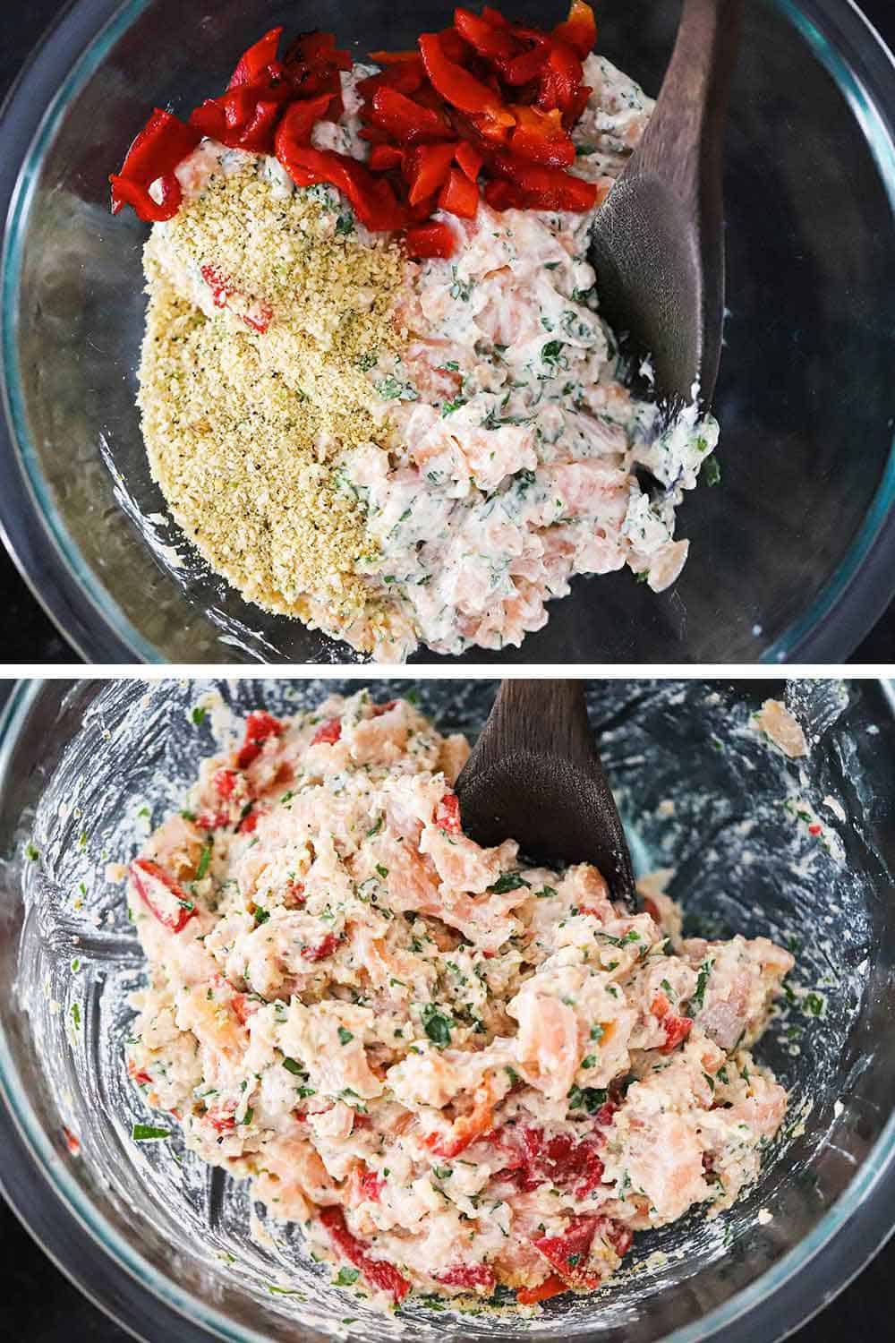 A bowl filled with a salmon mayonnaise mixture and chopped roasted red peppers and bread crumbs sitting on top, and then all of it fully mixed together. 