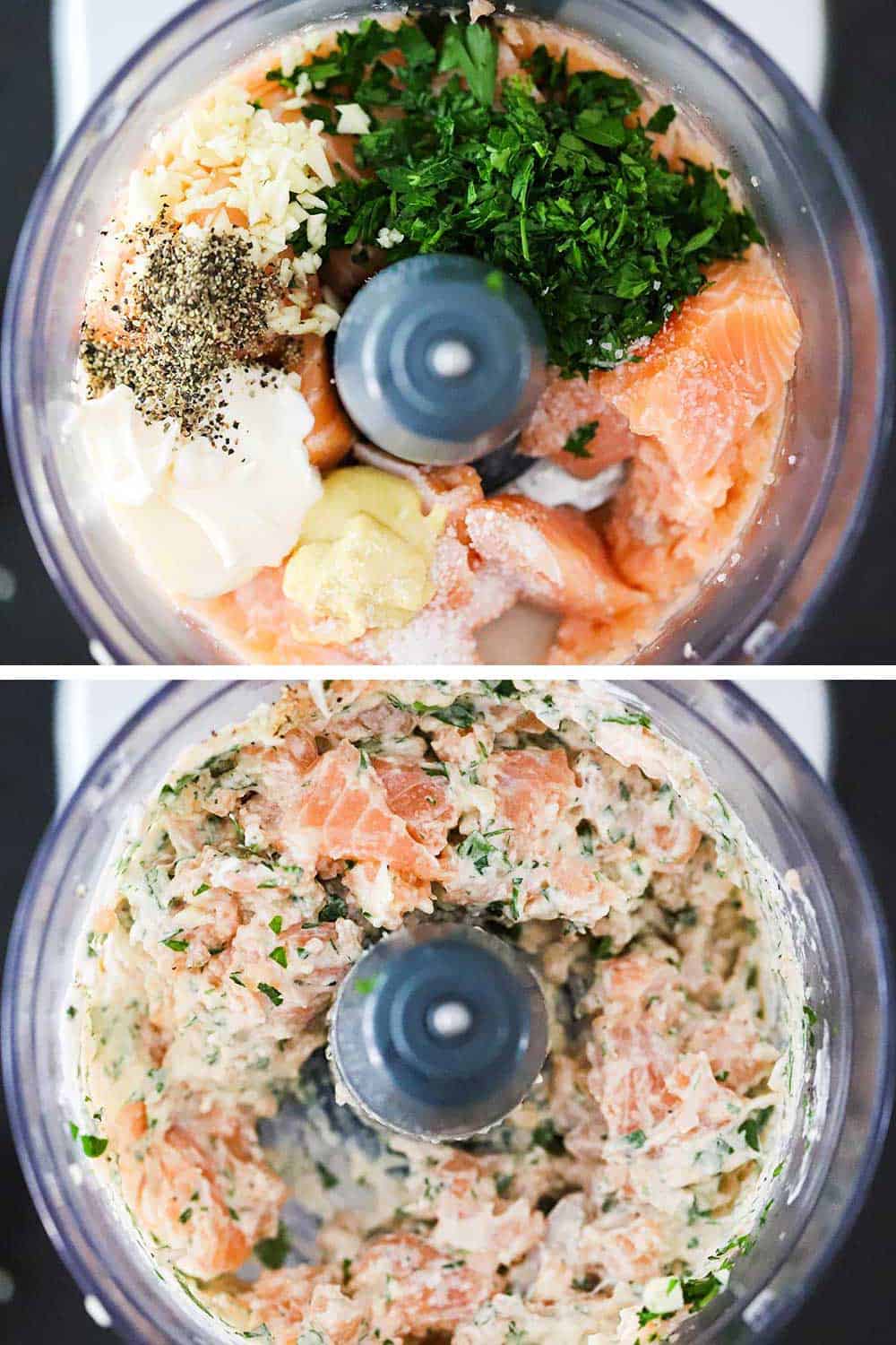 A food processor filled with chunks of salmon, herbs, mayonnaise, salt, and pepper and then again after the mixture has been processed briefly. 