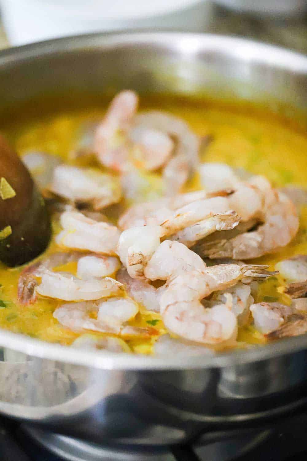 A large steel skillet filled with a Jamaican curry sauce with a pile of uncooked shrimp in the middle of it, being stirred by a wooden spoon. 