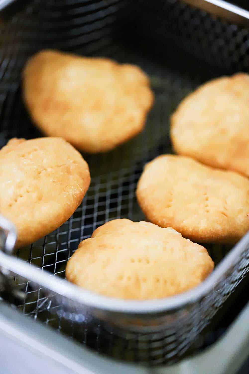 Golden brown Johnny cakes in a basket sitting over a deep fryer. 