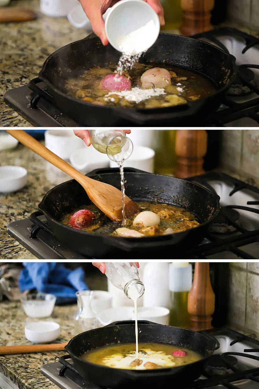 A person dumping flour into a cast-iron skillet filled with shallots and broth and then wine being poured into and then cream being poured in.
