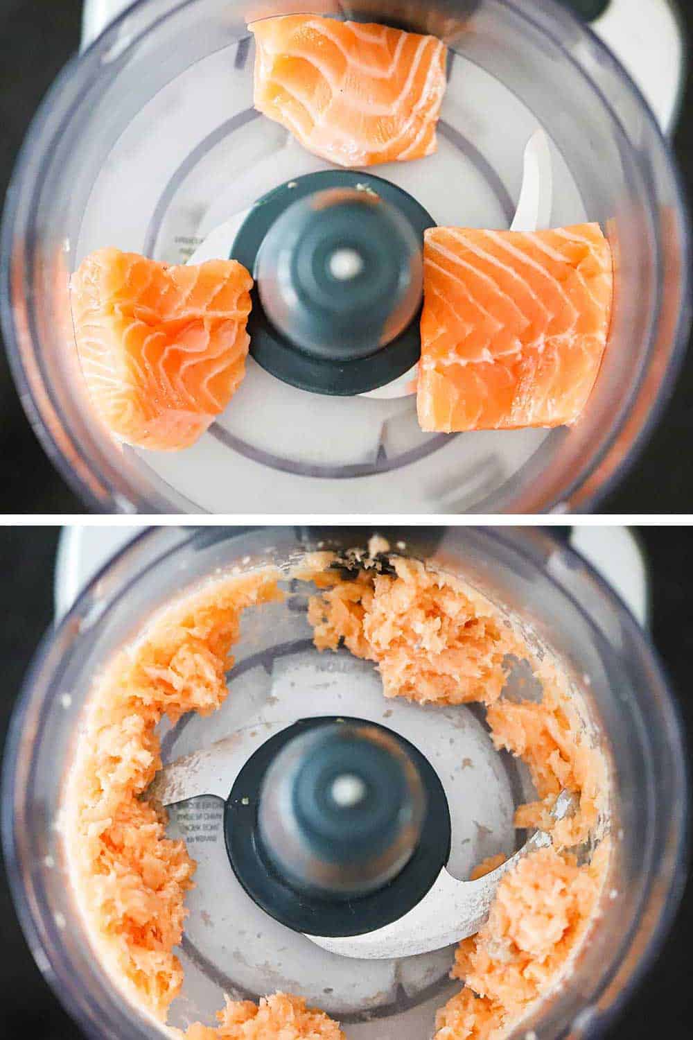 Several chunks of fresh salmon in a food processor and then that same salmon that has been processed to a smooth uniform texture. 
