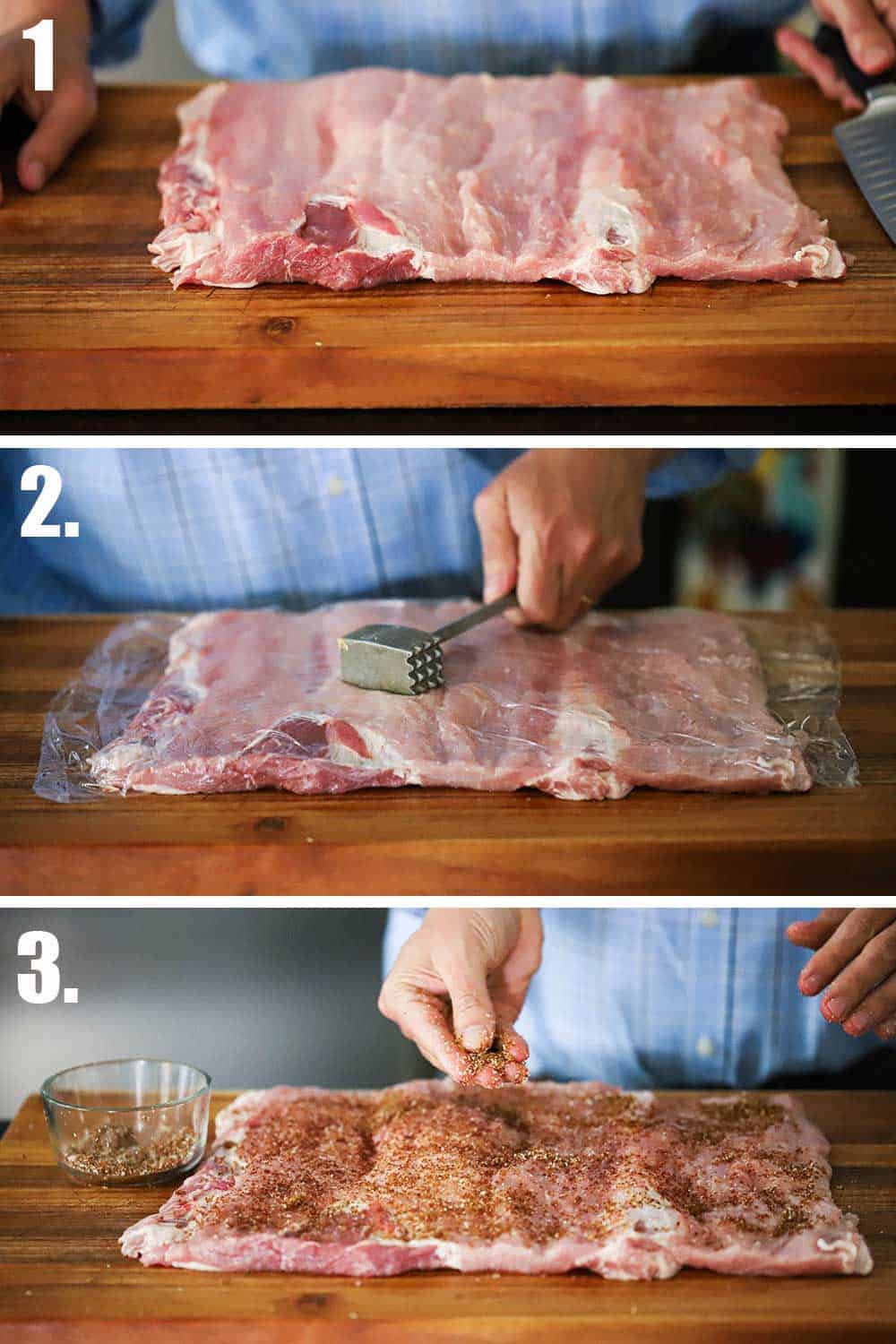 A rectangular shaped piece of pork on a cutting board and then a person flatting the meat with a mallet and then that person seasoning it with brown sugar and salt.