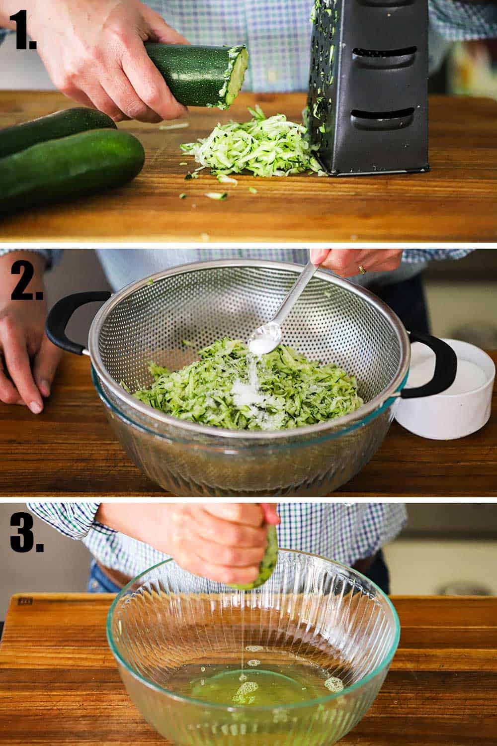 A person grating a zucchini on a box grater and then sprinkling salt over the shredded zucchini sitting in a colander and then it being squeezed in cheesecloth. 