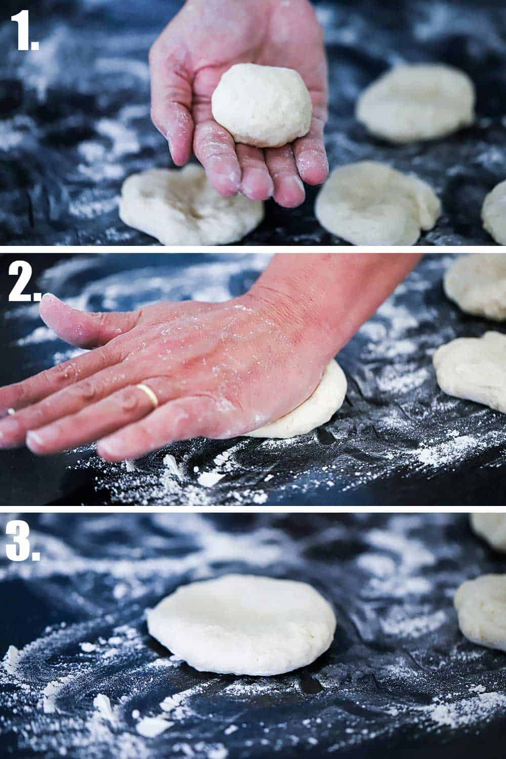 A person holding a ball of dough in the palm of his hand, and then that hand pressing the dough flat on a floured surface, and then the dough disc sitting on the counter. 