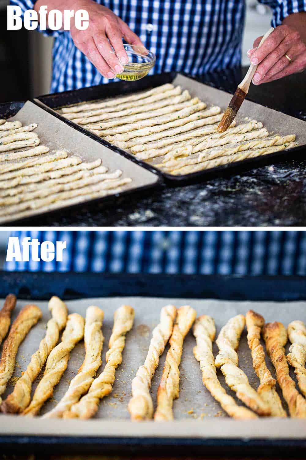 Two baking sheets filled with unbaked grissini being brushed with oil and then the bread after being baked. 