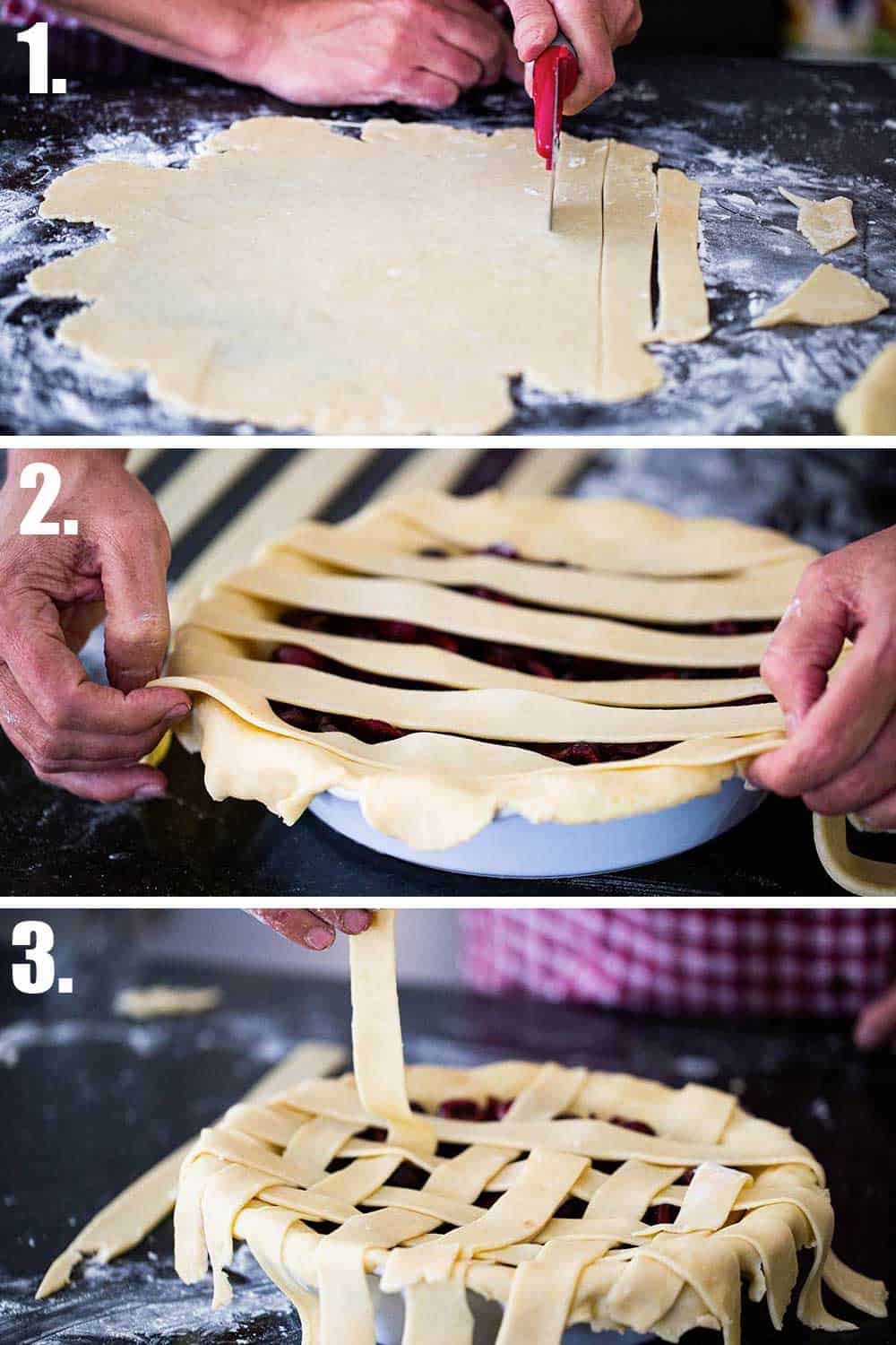 A person cutting a circular pie dough into strips and then placing the strips on a cherry pie and then creating a lattice.