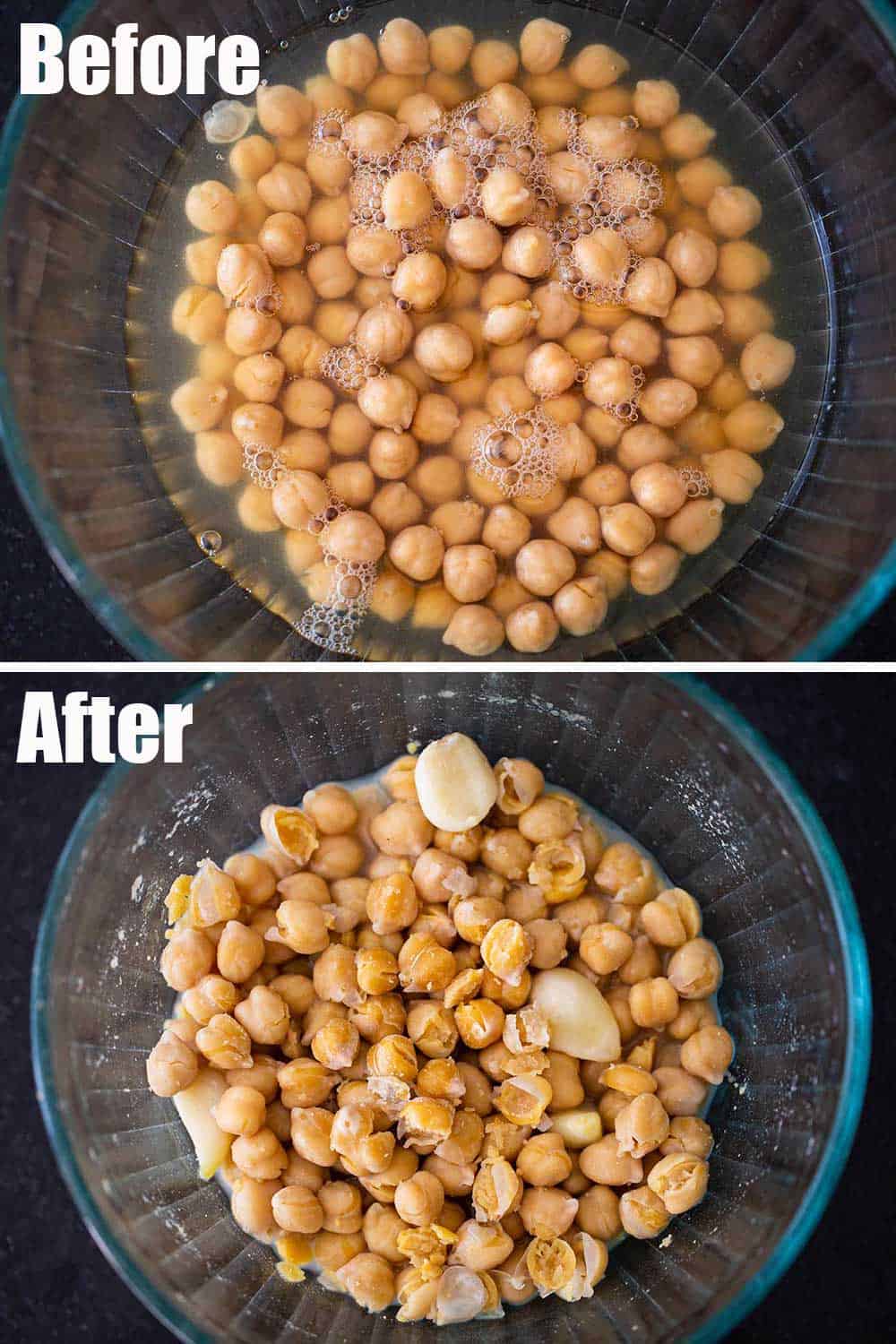 A glass bowl filled with chickpeas, water, and 4 garlic cloves, and then the same bowl after it's been cooked in the microwave. 