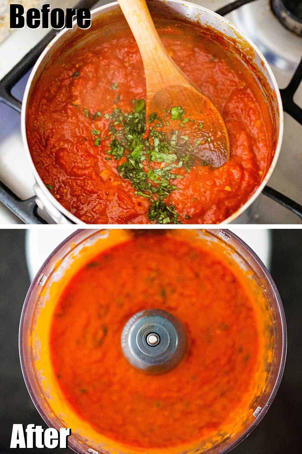 A medium-sized pot filled with simmered tomatoes and fresh chopped basil and then everything pureed in a food processor.
