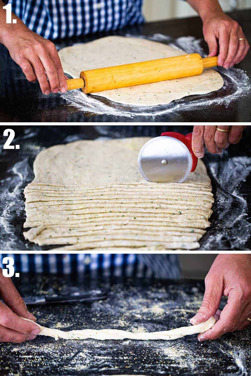 A person using a rolling pin to roll out grissini dough, and then that person cutting thin strips with a pizza cutter, and then twisting the strips. 