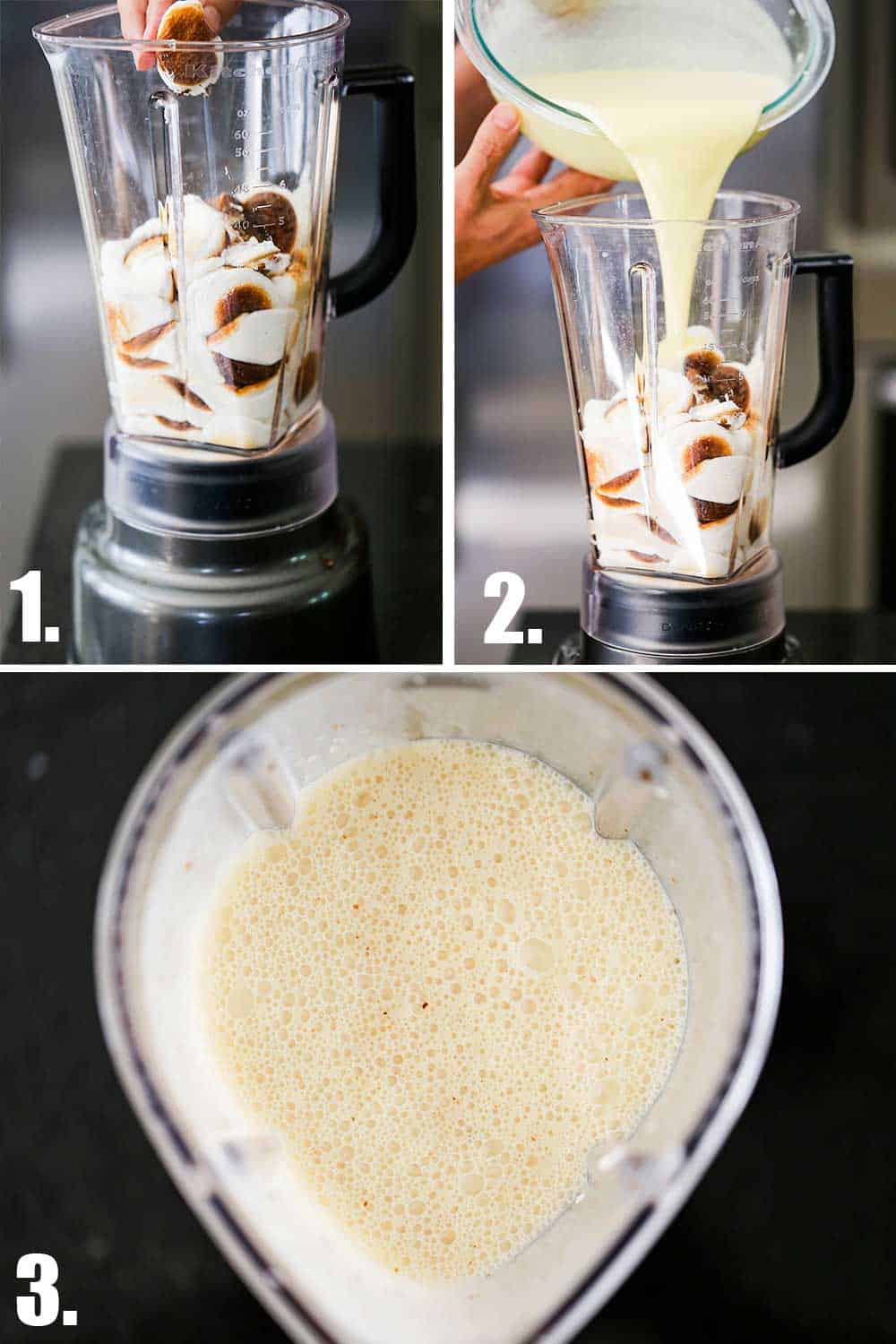 A person dropping toasted marshmallows into a blender and then custard being poured into the blender and then after the mixture has been pureed.