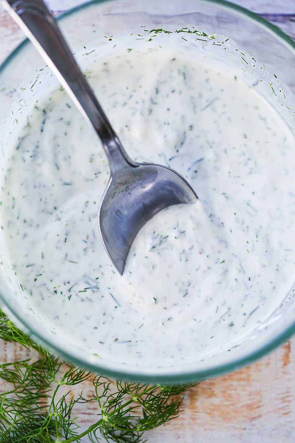 A small glass bowl filled with a yogurt dill sauce with a spoon stuck in the middle of it.