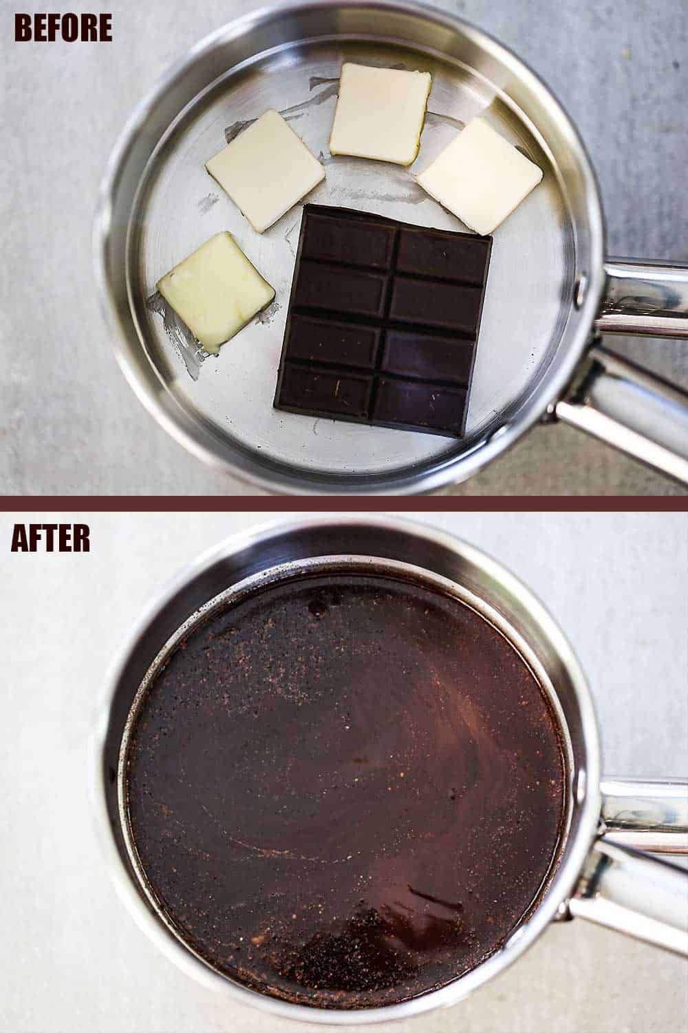 A saucepan filled with 4 pads of solid butter and a piece of solid chocolate, and then the same pan with the butter and chocolate melted and combined.