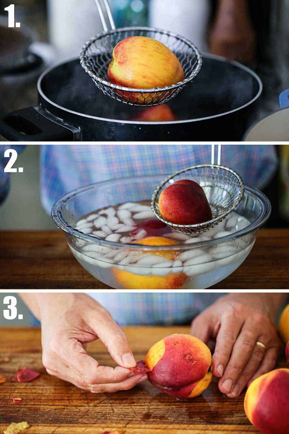 A kitchen spider holding up a peach over a pot of boiling water and then that peach being dropped into an ice bath and then a person peeling the peach.