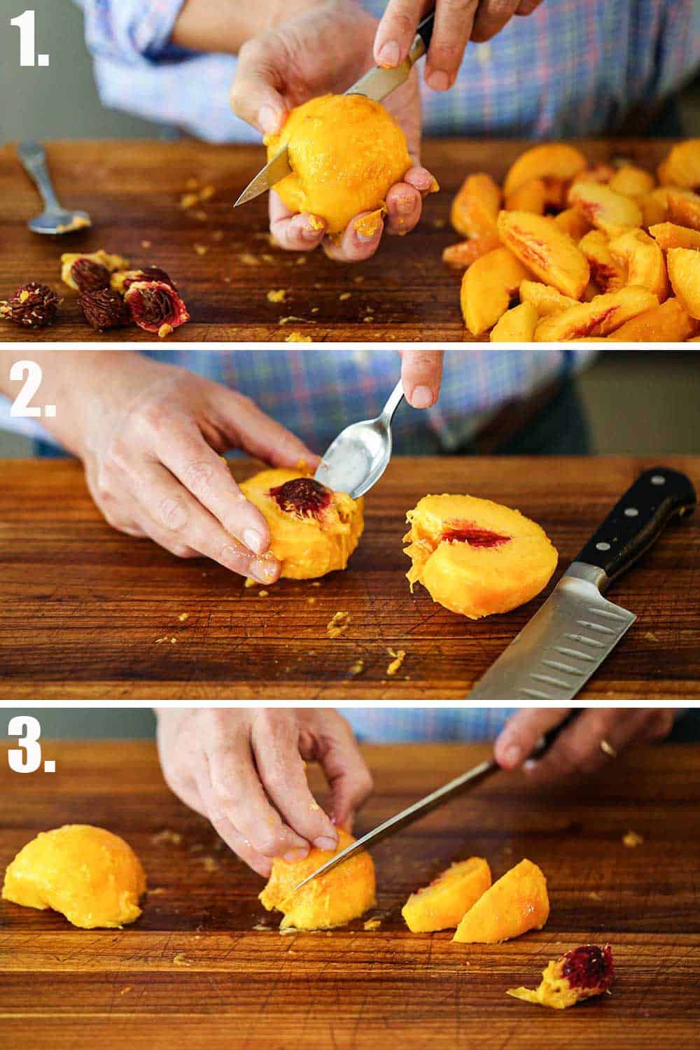 A person cutting a peach in half and then using a spoon to remove the pit and then using a paring knife to cut the peach into slices.