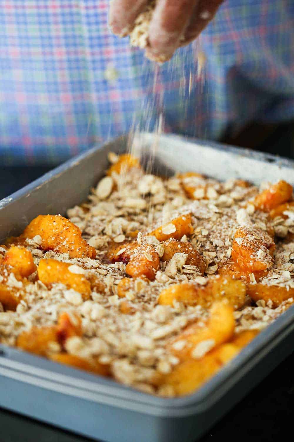 A person sprinkling a sugar oats mixture over a peach crisp in a metal baking pan.