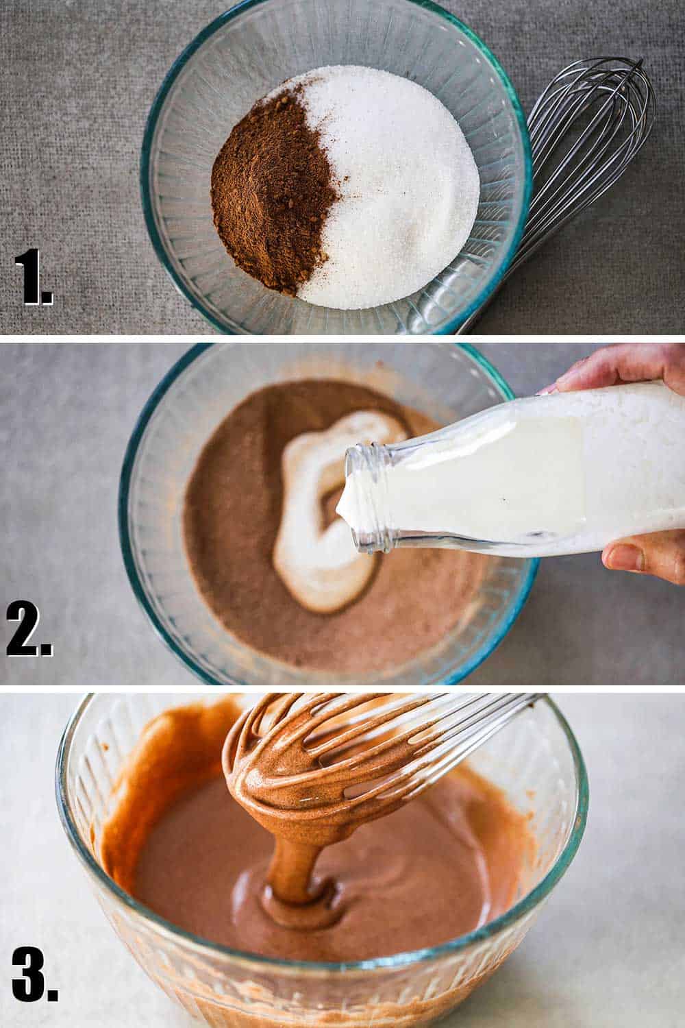 A glass bowl filled with sugar and cinnamon and then heavy cream being poured into the bowl and then it fully combined with a whisk in the same bowl.