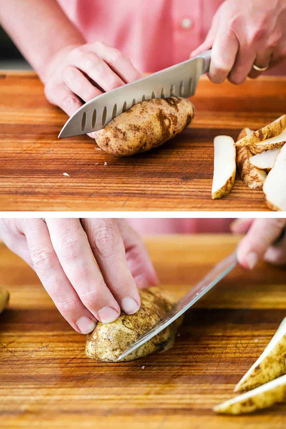 A person slicing a russet potato in half with a chef's knife and the cutting that halved potato into wedges.