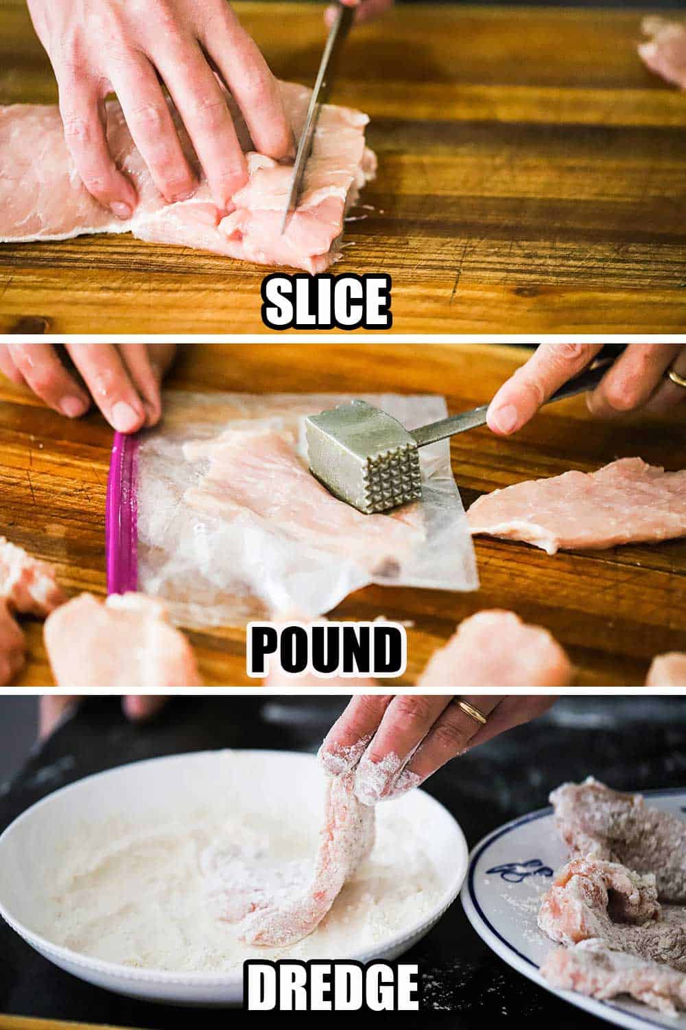 A person slicing a pork tenderloin on a cutting board and then pounding that slice in a plastic baggie with a mallet and then dredging it through flour. 