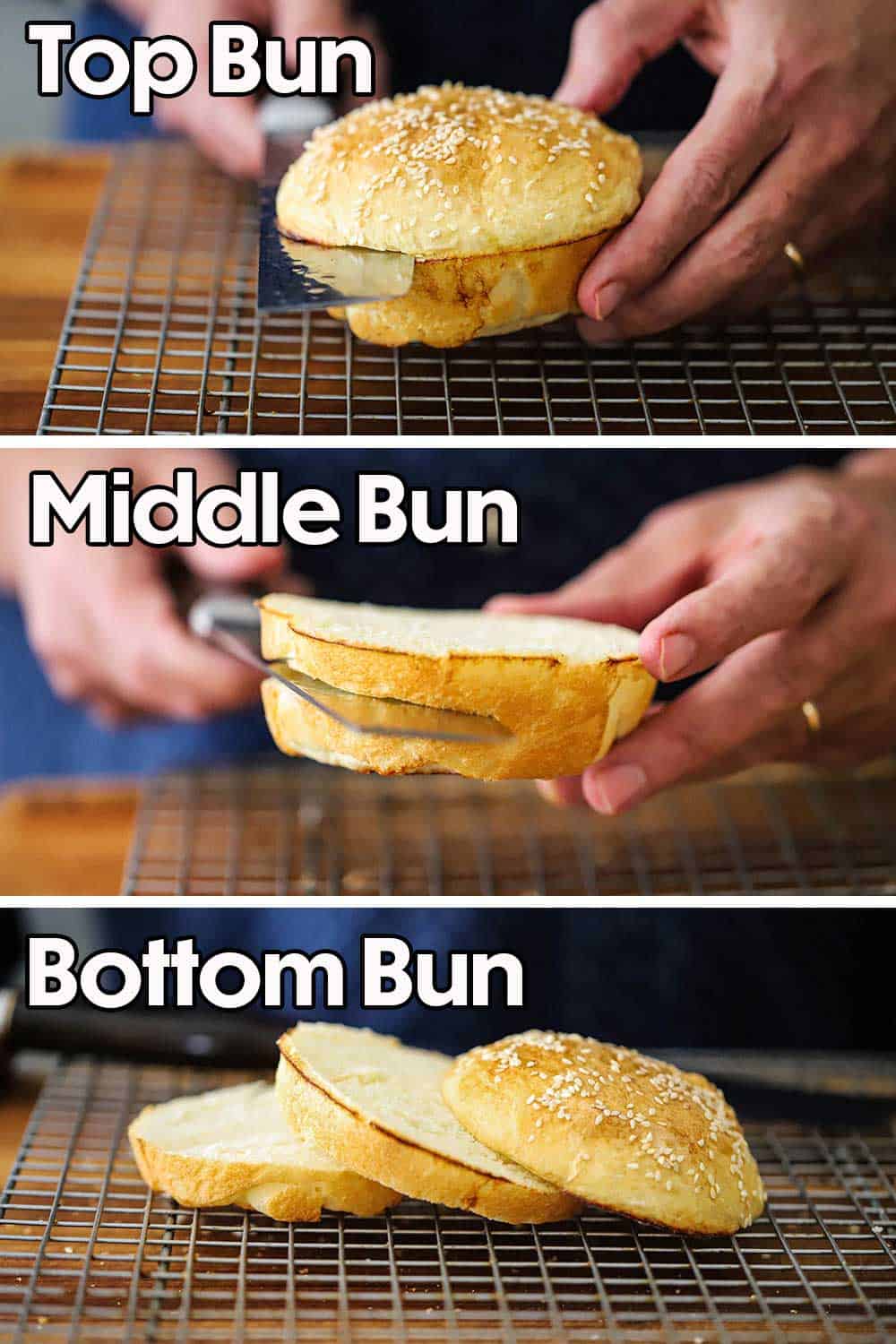 A person slicing the top of a sesame bun off and then that same person cutting the bun in half and the 3 layers of the sliced bun on a baking rack.