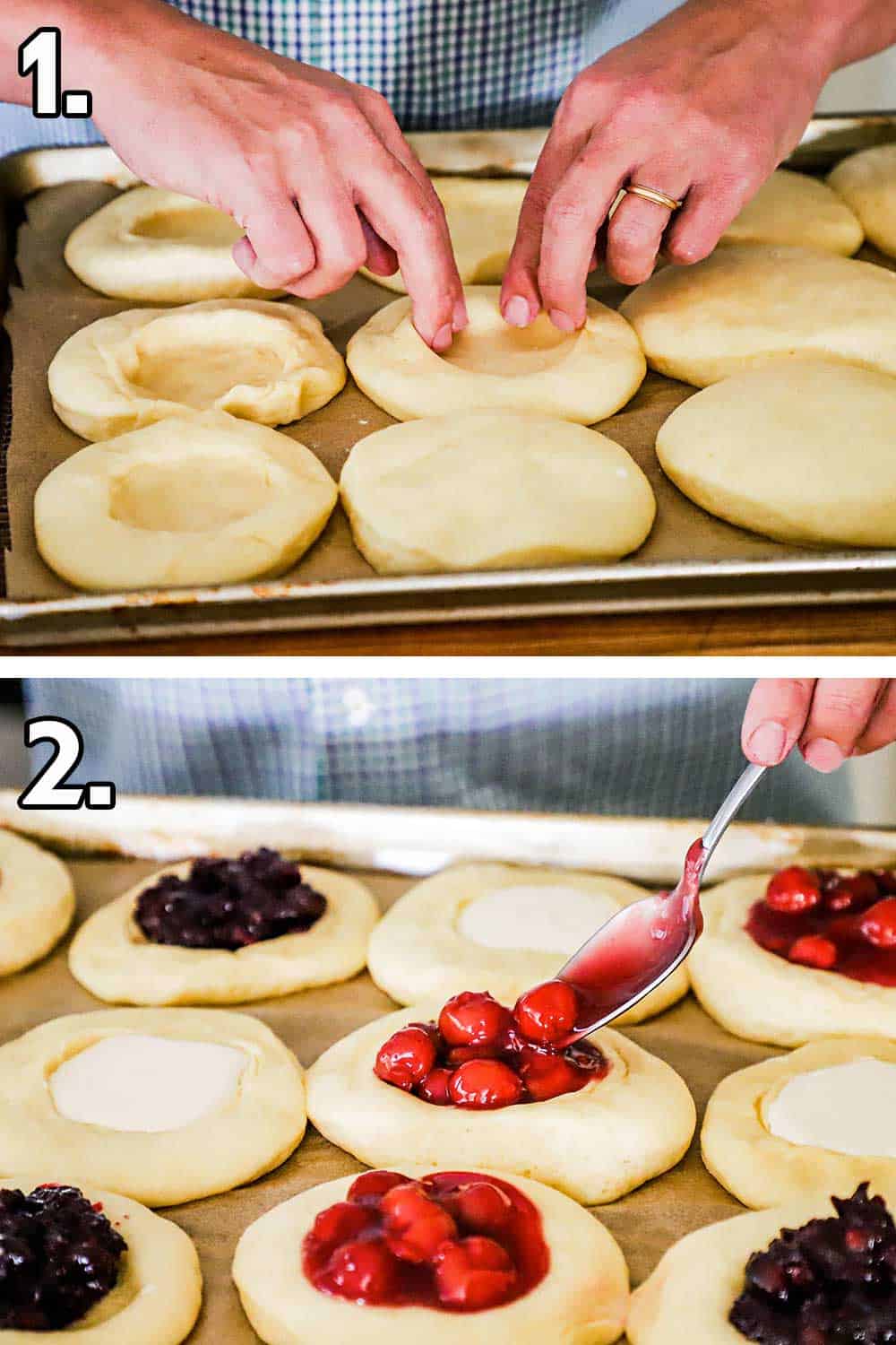 A person forming wells in Kolache dough and then fruit being added into the wells. 