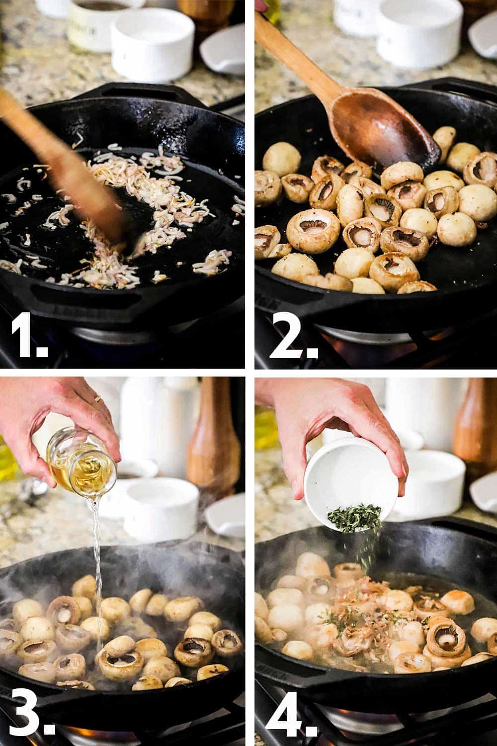 Shallots cooking in a cast-iron skillet and then mushrooms sautéing in the same skillet, and then Sherry being poured in and then fresh thyme being added.